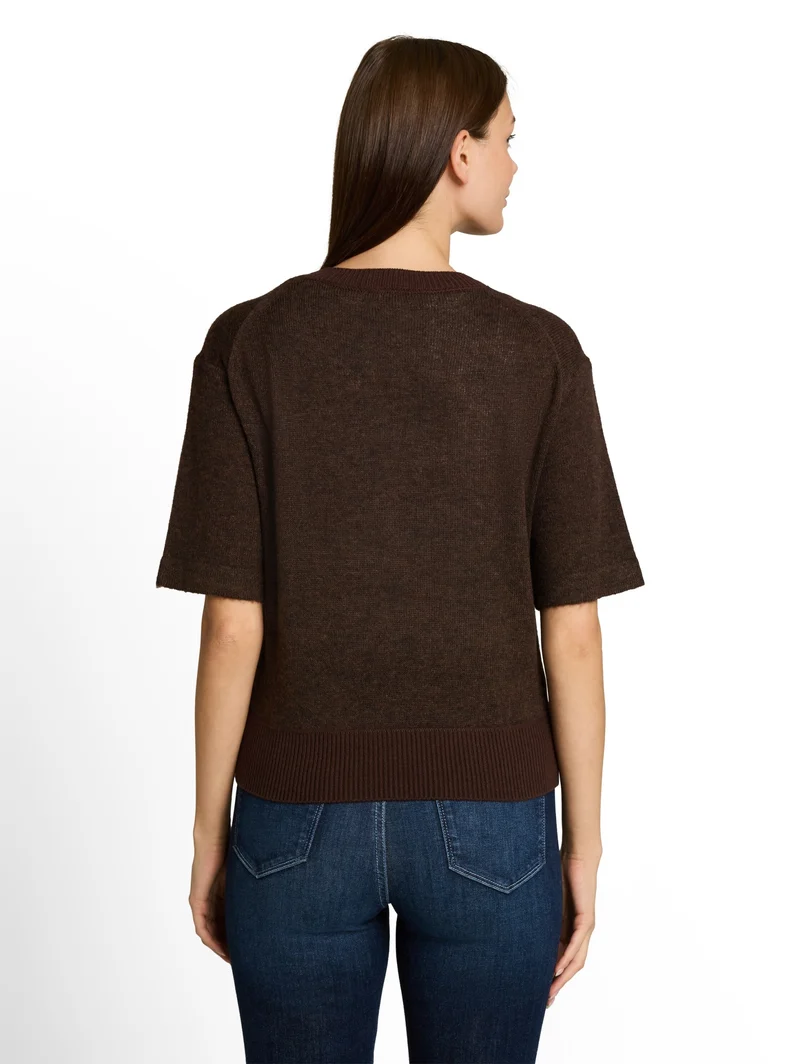 knit cosy shortsleeve sweater, java dark brown melange
