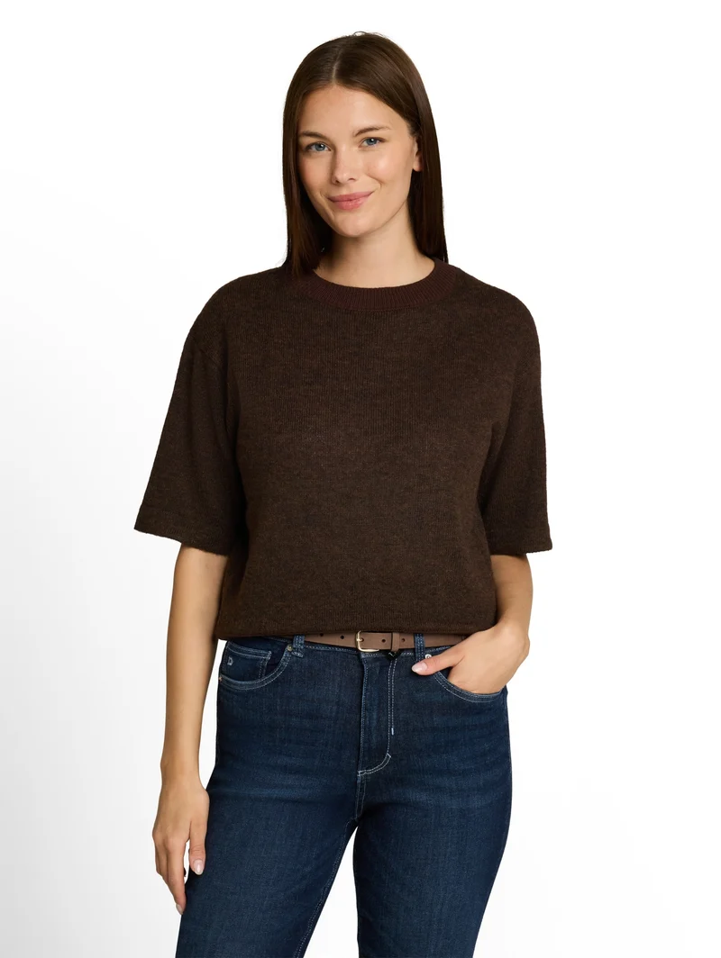 knit cosy shortsleeve sweater, java dark brown melange