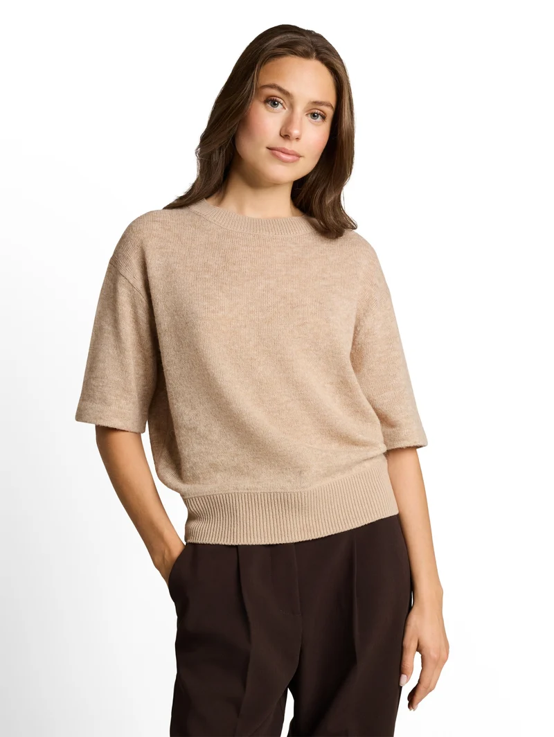 knit cosy shortsleeve sweater, gravel beige melange