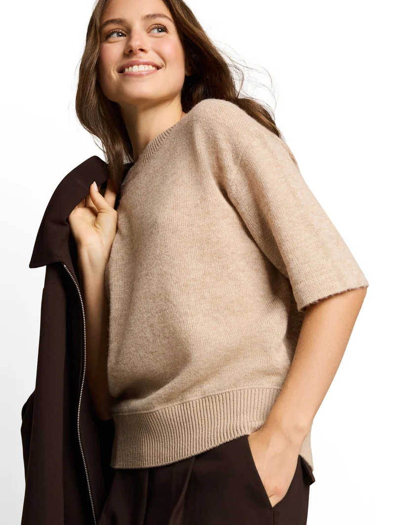 knit cosy shortsleeve sweater, gravel beige melange