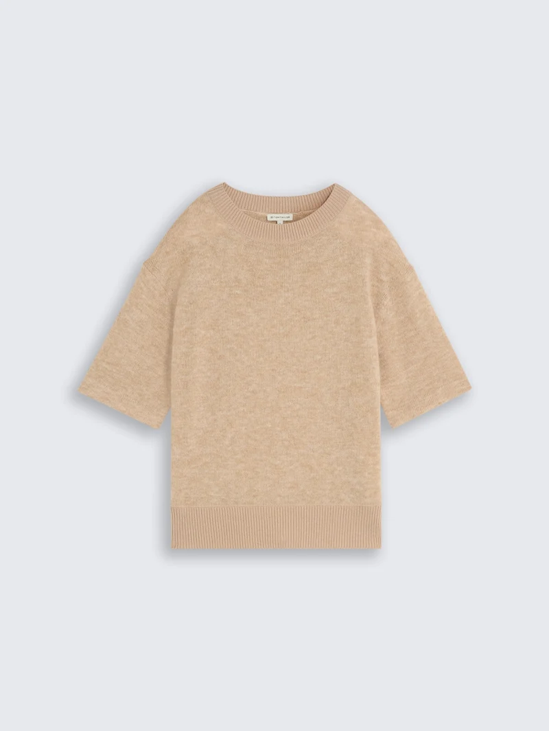 knit cosy shortsleeve sweater, gravel beige melange