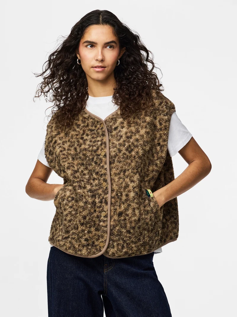 PCKATTY TEDDY VEST NOOS BC, Tannin/Leopard