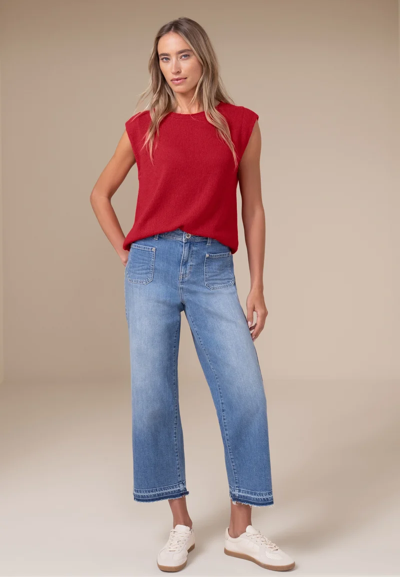 summer knit look top, salsa red