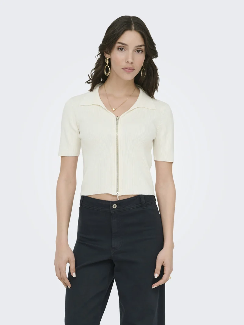 JDYNANNA S/S SHORT ZIP CARDIGAN KNT, Cloud Dancer/WITH SILVER ZIPPER