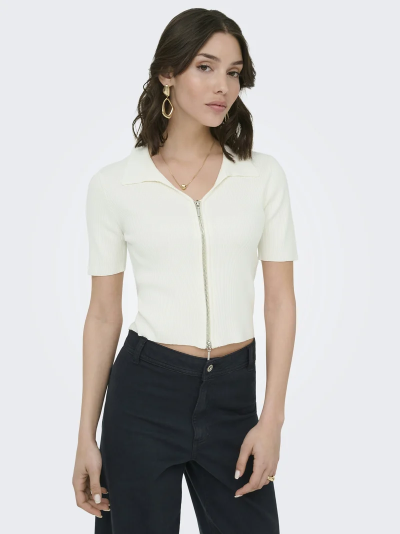 JDYNANNA S/S SHORT ZIP CARDIGAN KNT, Cloud Dancer/WITH SILVER ZIPPER