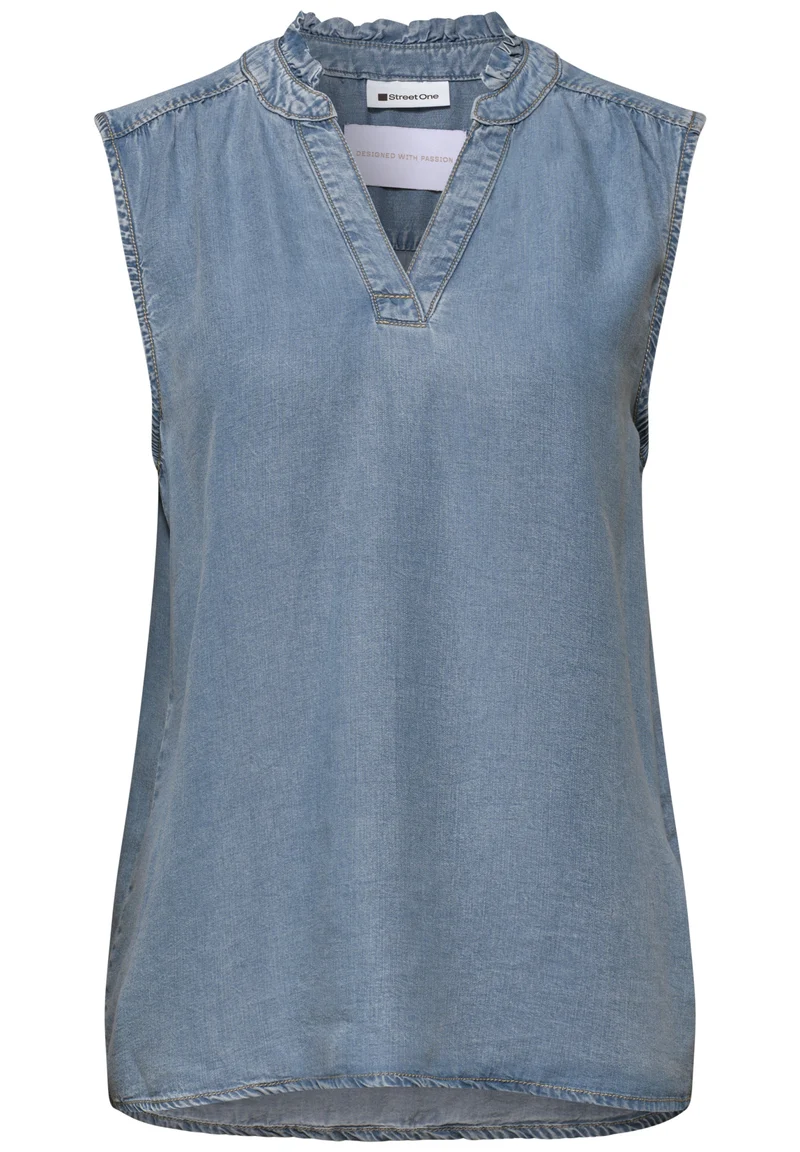 Style,Blouse ruffles,light blu, Light Blue Washed