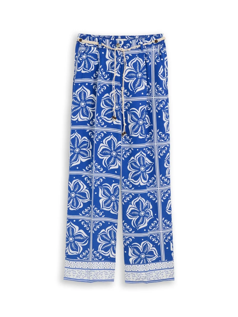 linen wide leg pants, blue flower tile design