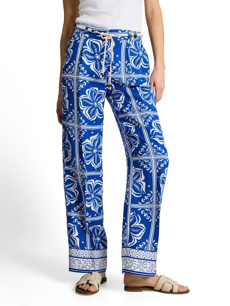linen wide leg pants, blue flower tile design