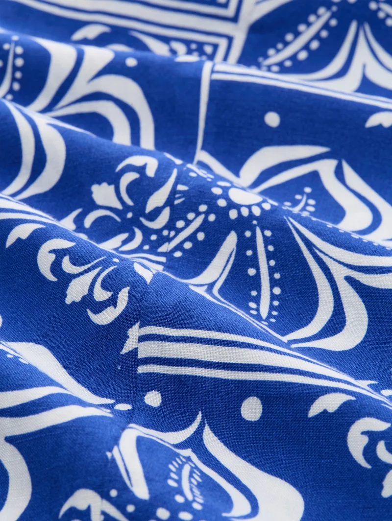 linen wide leg pants, blue flower tile design