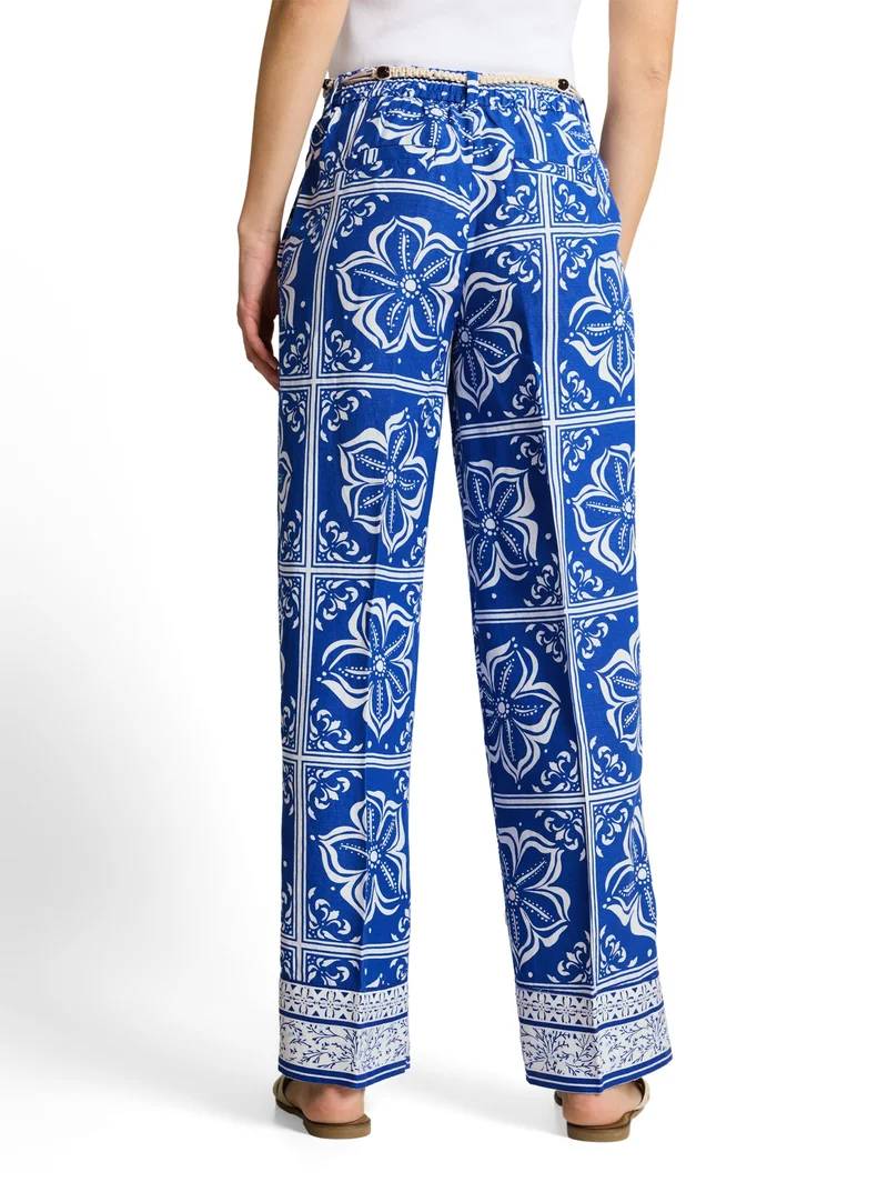linen wide leg pants, blue flower tile design
