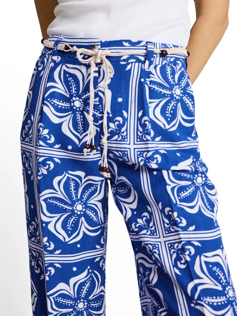 linen wide leg pants, blue flower tile design