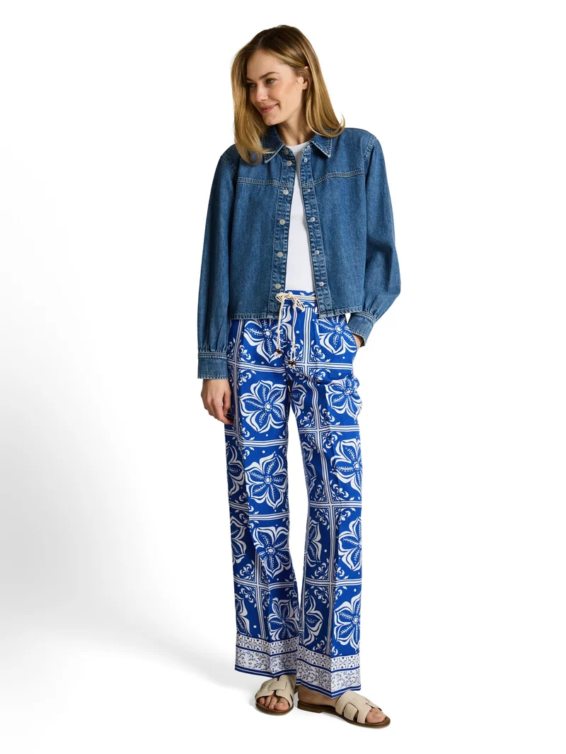 linen wide leg pants, blue flower tile design