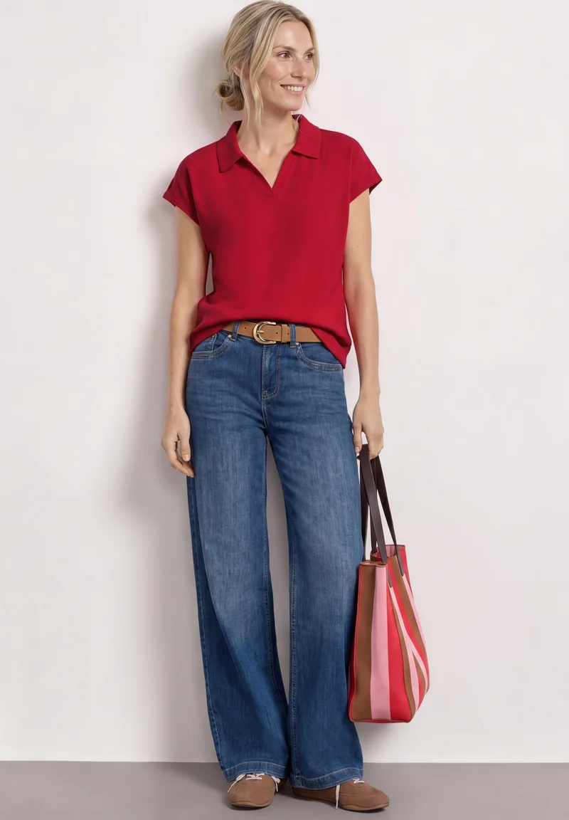 summer knit look polo shirt, salsa red