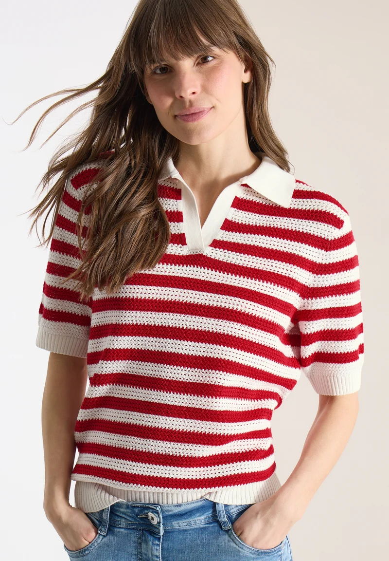 TOS_Mesh Stripe Polo, glazed apple red