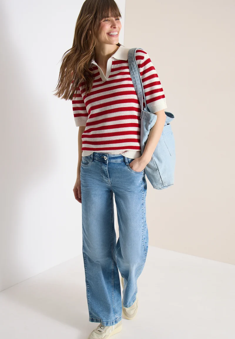 TOS_Mesh Stripe Polo, glazed apple red