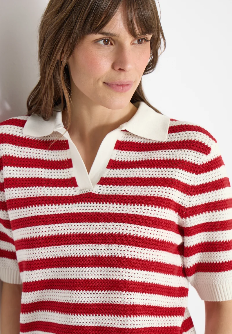 TOS_Mesh Stripe Polo, glazed apple red