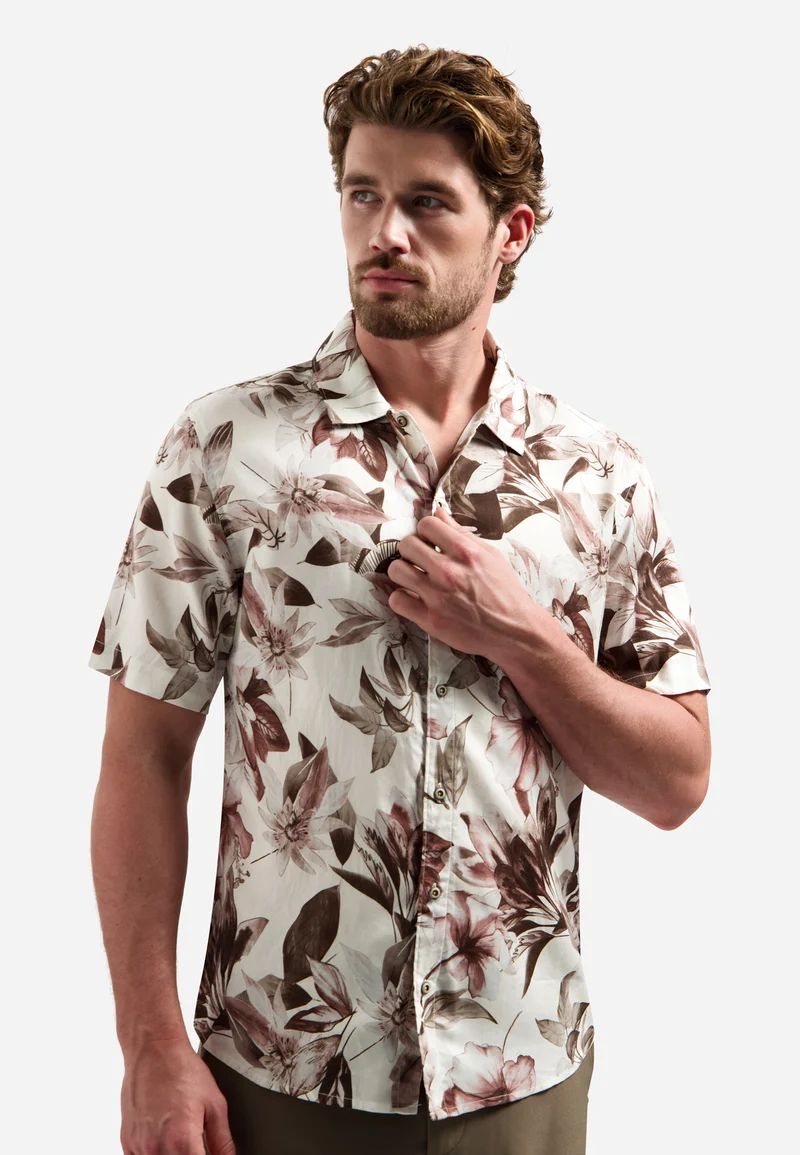 Shirt Short Sleeve Allover Printed, Coral