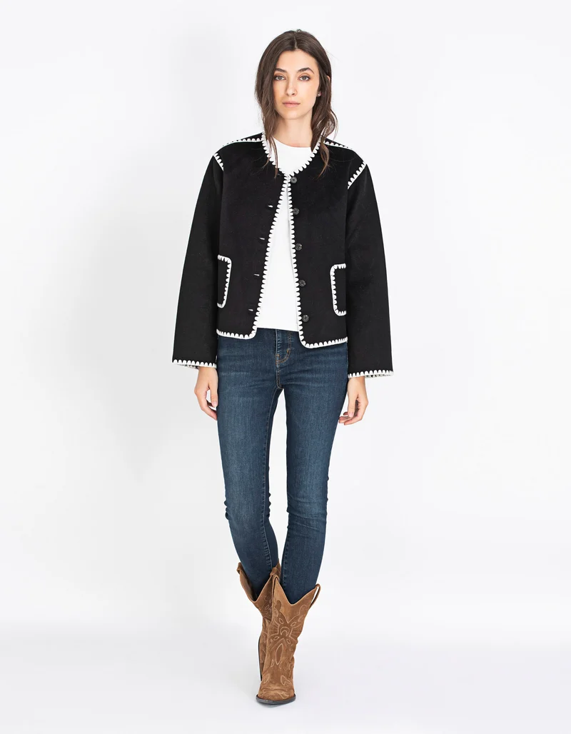 Woll-Mix Boxy-Jacke mit Ziernähten