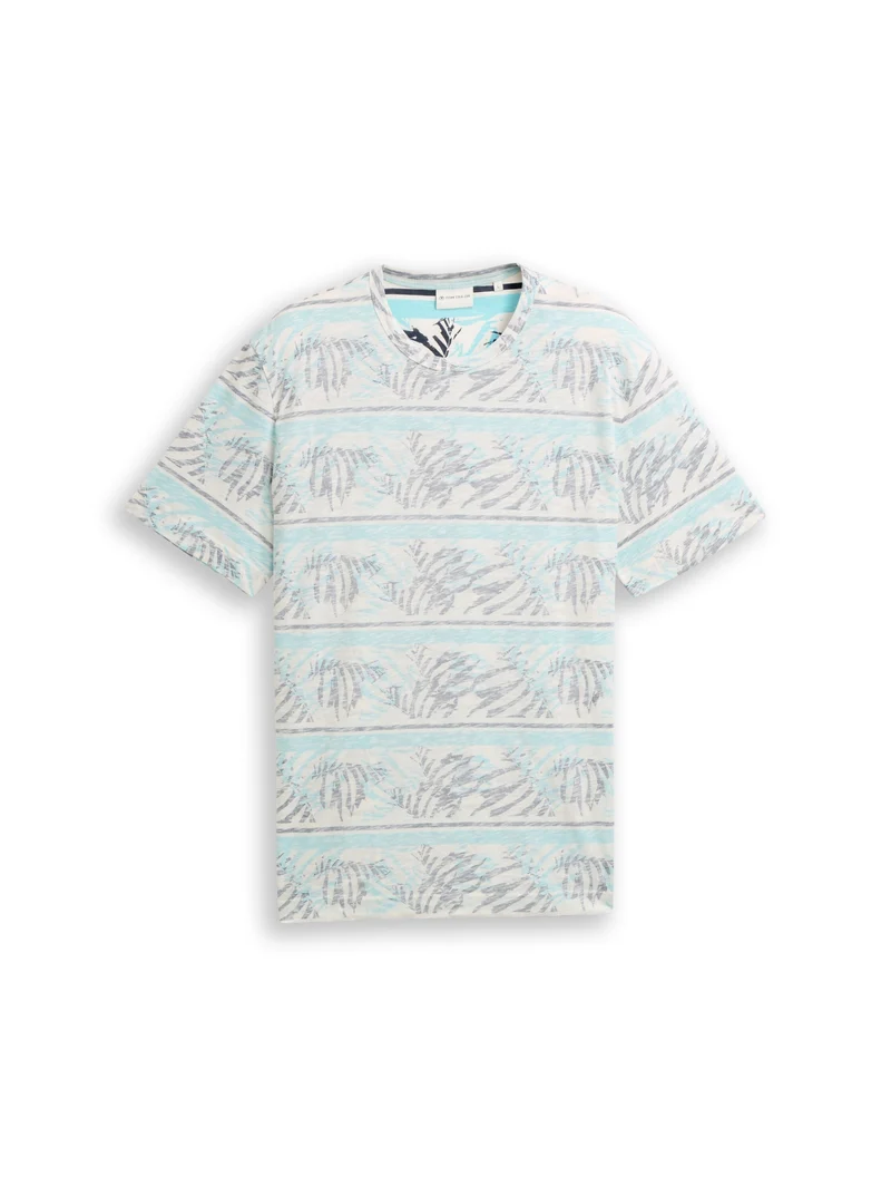 allover inside printed t-shirt, blue teal leaf stripe