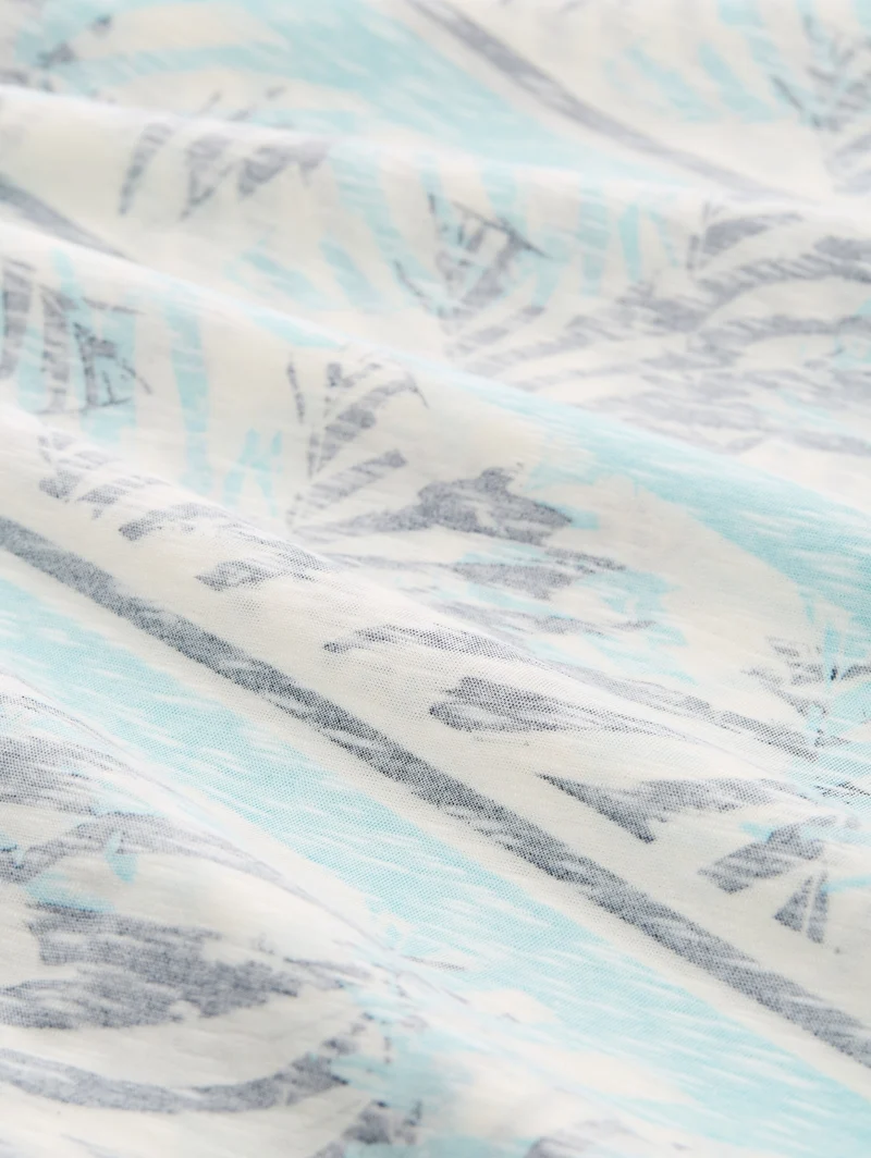 allover inside printed t-shirt, blue teal leaf stripe