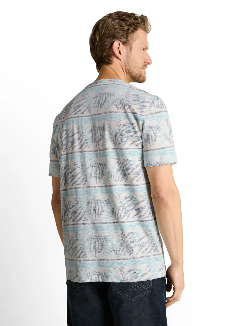 allover inside printed t-shirt, blue teal leaf stripe