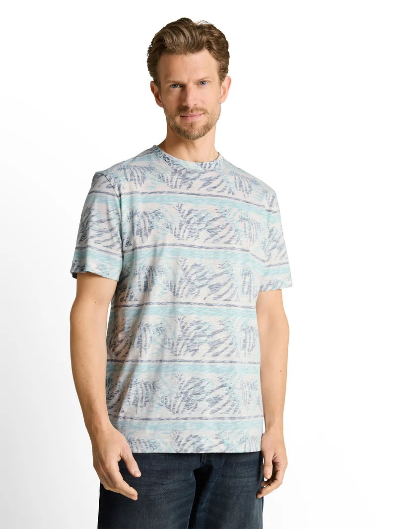 allover inside printed t-shirt, blue teal leaf stripe