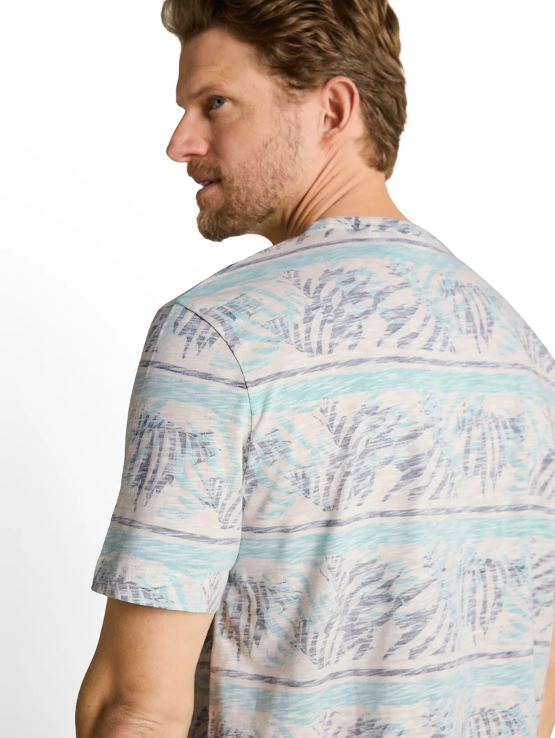 allover inside printed t-shirt, blue teal leaf stripe