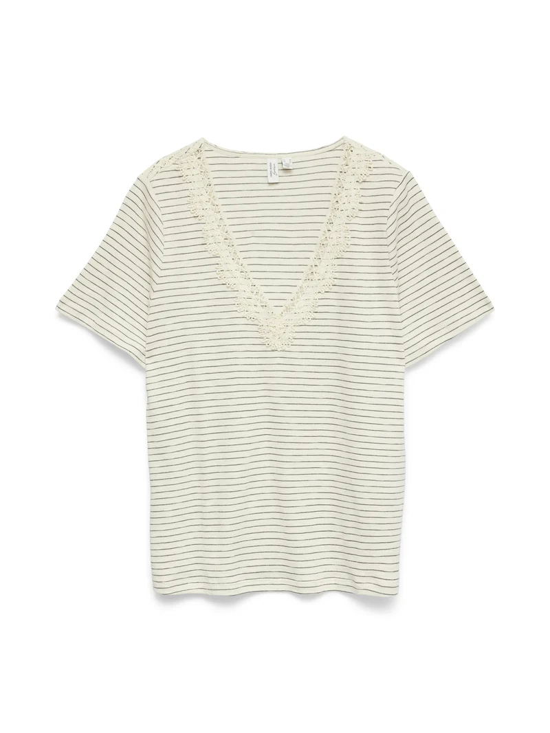 VMKAROLINE S/S LX V-NECK TOP JRS BT, Snow White/BLACK + SILVER LUREX