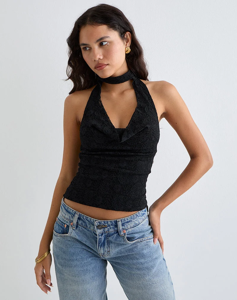 Samwell Neckholder-Top aus Paisley-Spitze Schwarz