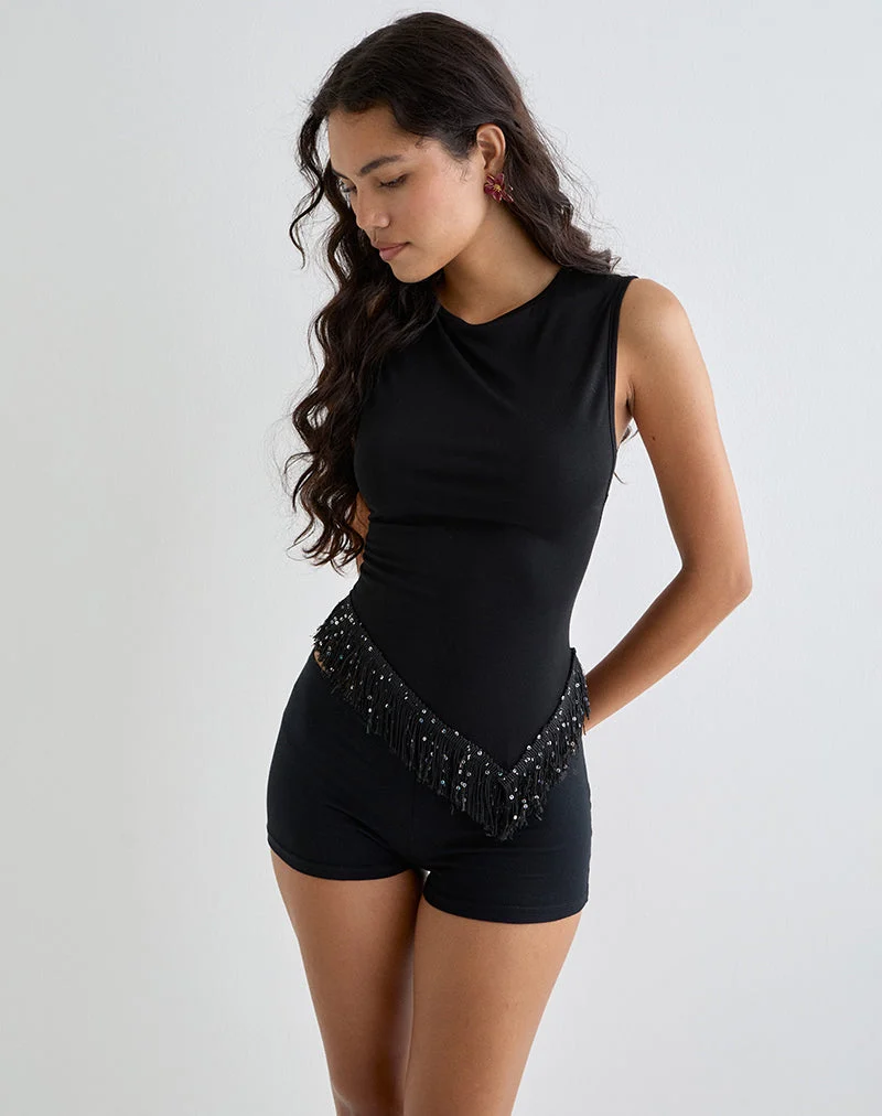 Dusya Top mit Fransenbesatz aus Cupro Schwarz