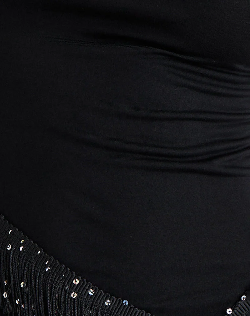 Dusya Top mit Fransenbesatz aus Cupro Schwarz