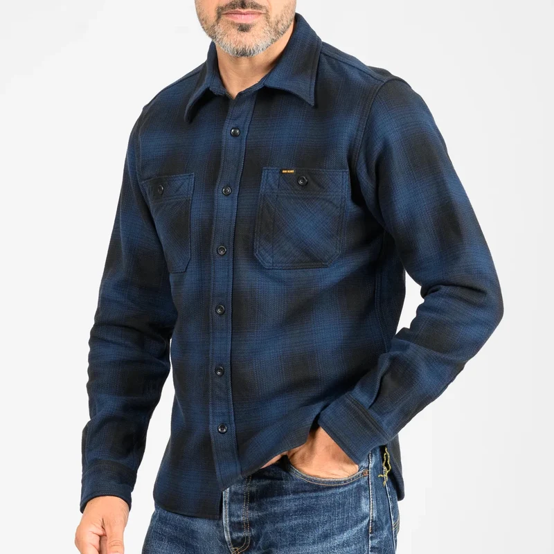 IHSH-265-NAV Heavy Flannel Ombré Check Work Shirt Navy