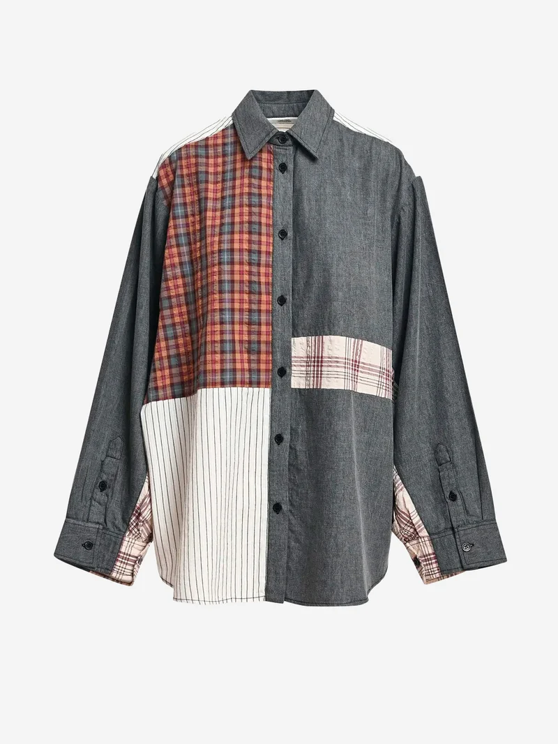 Camicia Oversize Patchwork in Cotone Grigio e Marrone