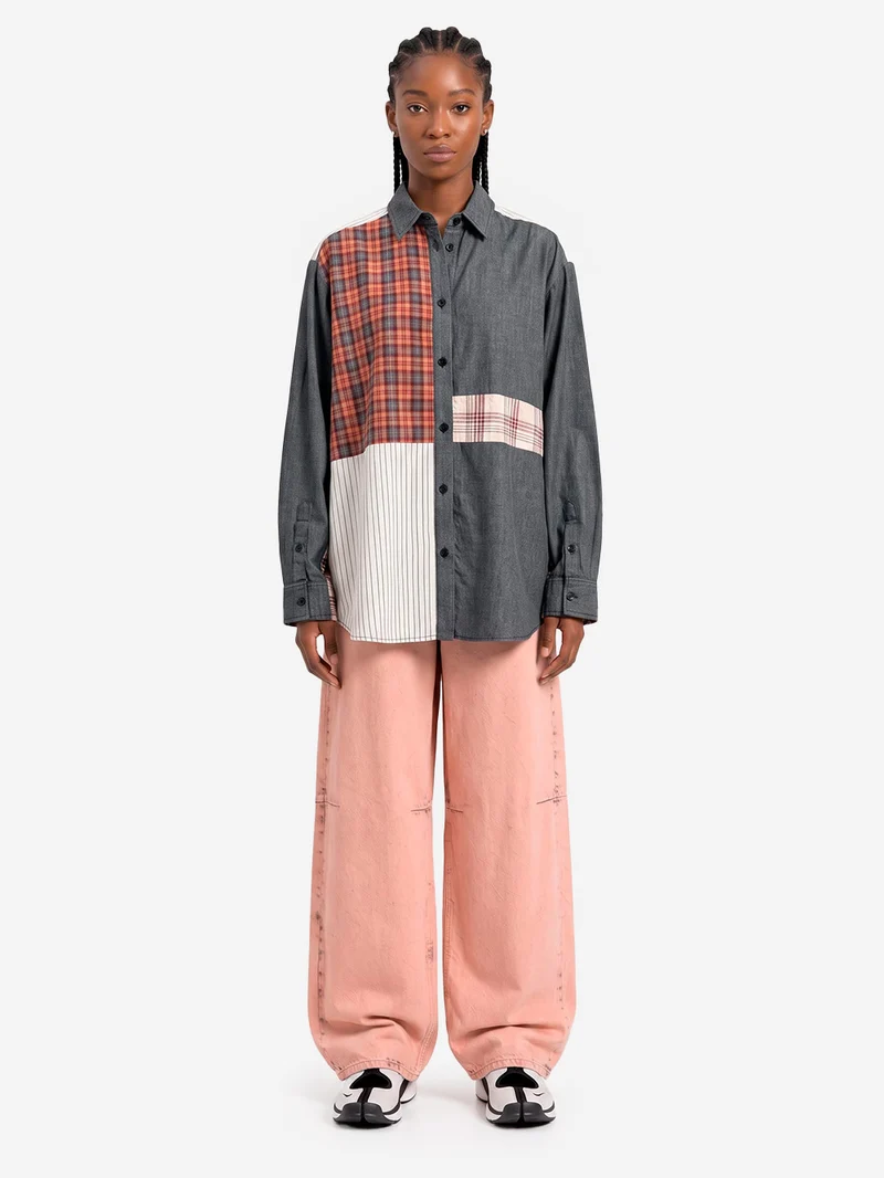 Camicia Oversize Patchwork in Cotone Grigio e Marrone