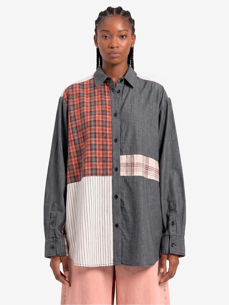 Camicia Oversize Patchwork in Cotone Grigio e Marrone