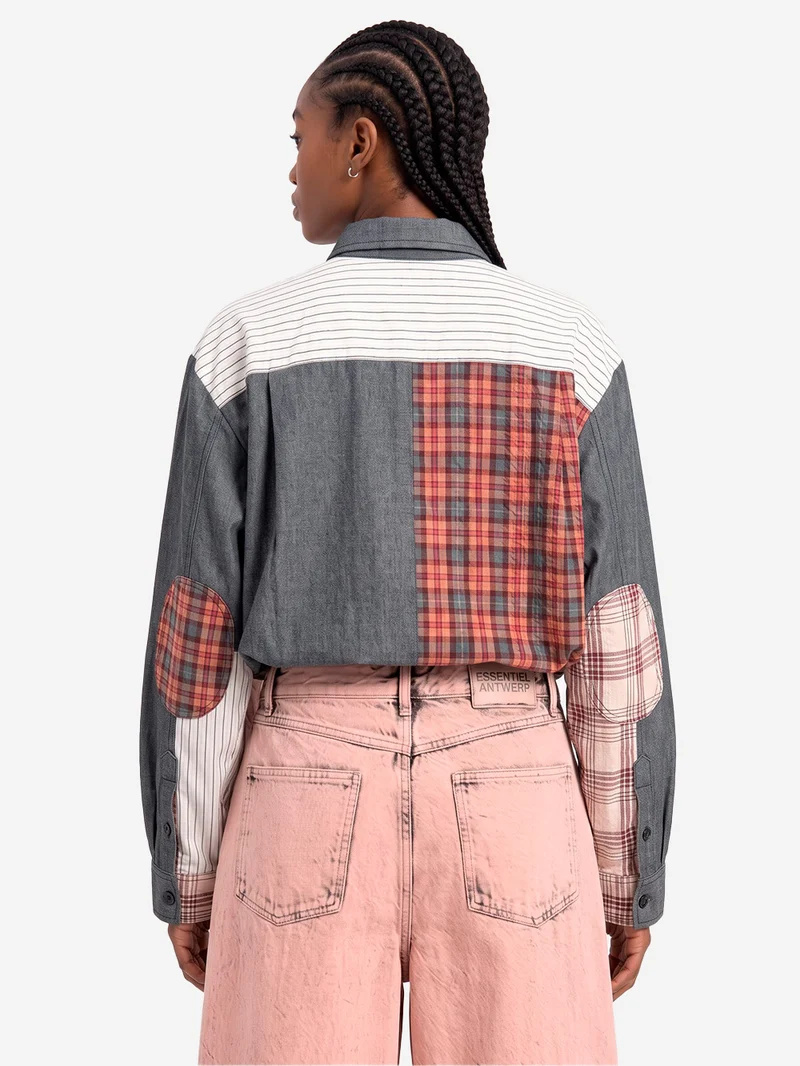 Camicia Oversize Patchwork in Cotone Grigio e Marrone