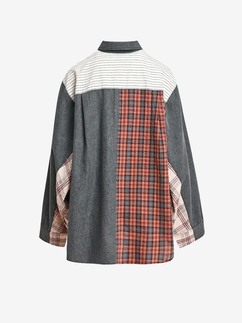 Camicia Oversize Patchwork in Cotone Grigio e Marrone