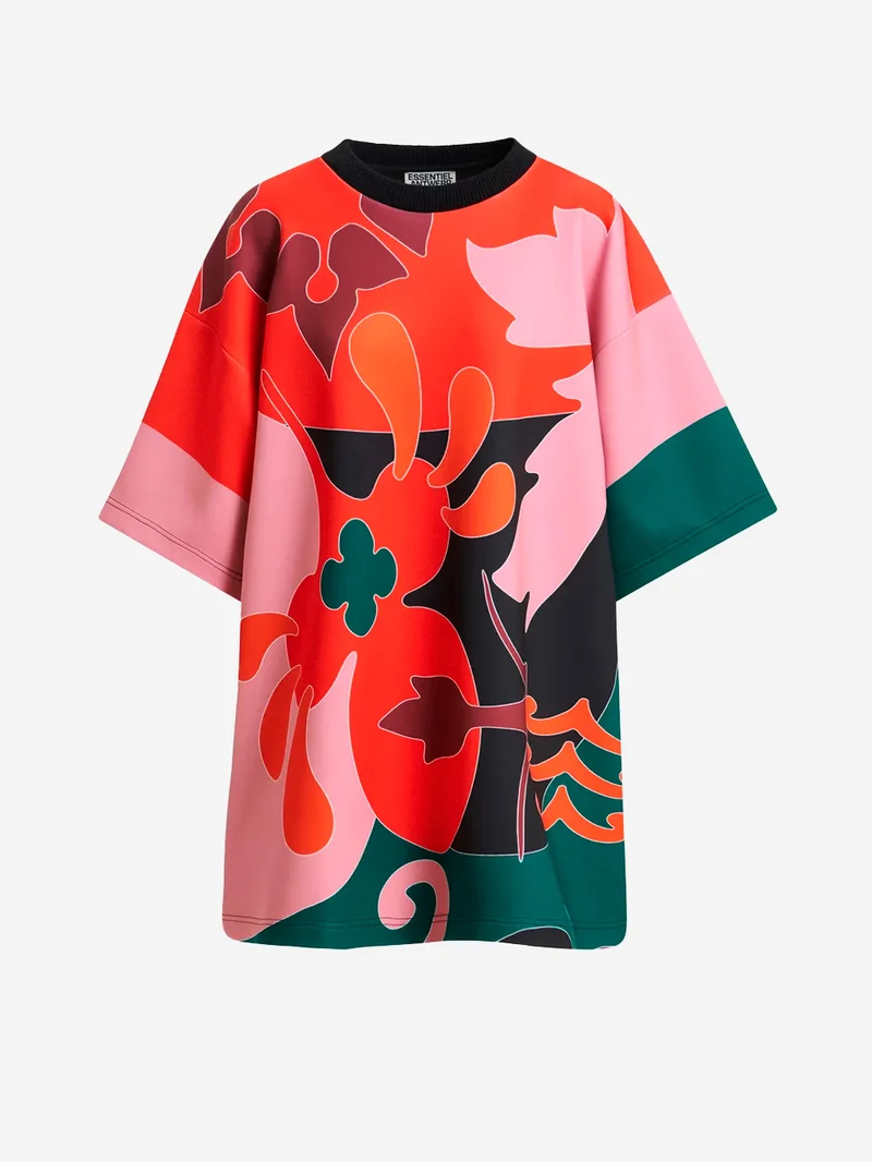Mini Abito T-Shirt Oversize Stampato Rosso e Rosa