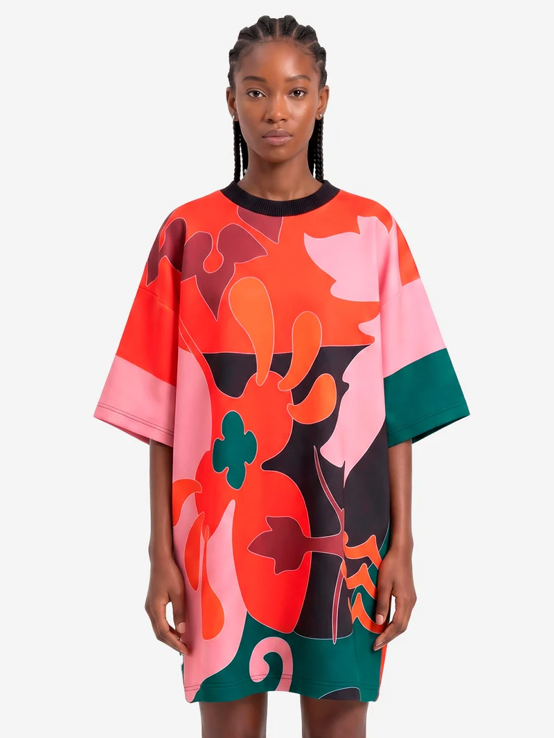 Mini Abito T-Shirt Oversize Stampato Rosso e Rosa