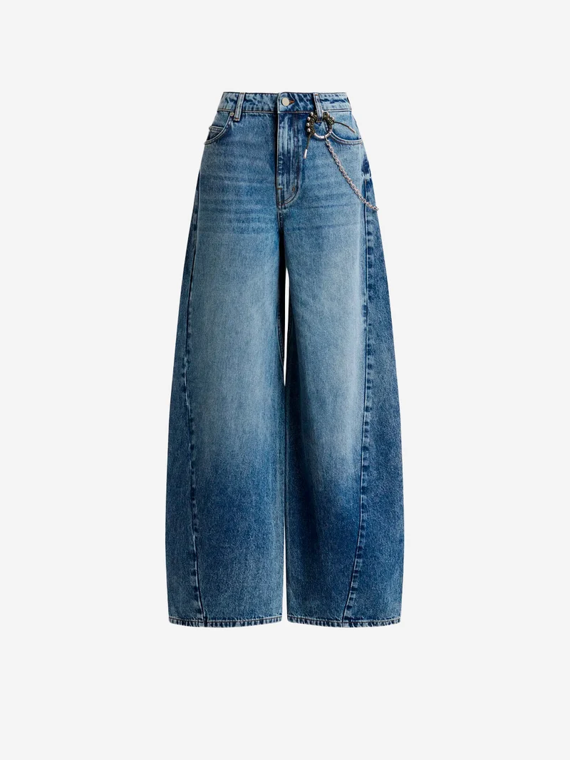 Jeans a gamba dritta blu con charm a catena