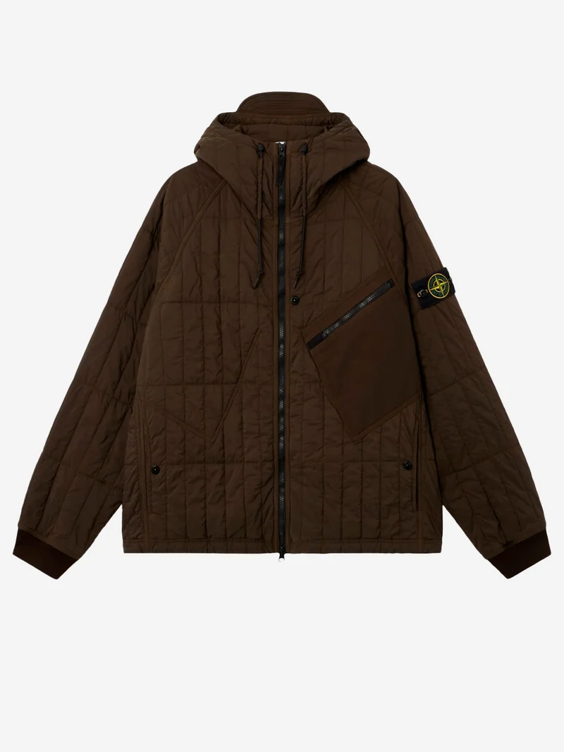 Giacca imbottita con cappuccio in nylon stretch marrone
