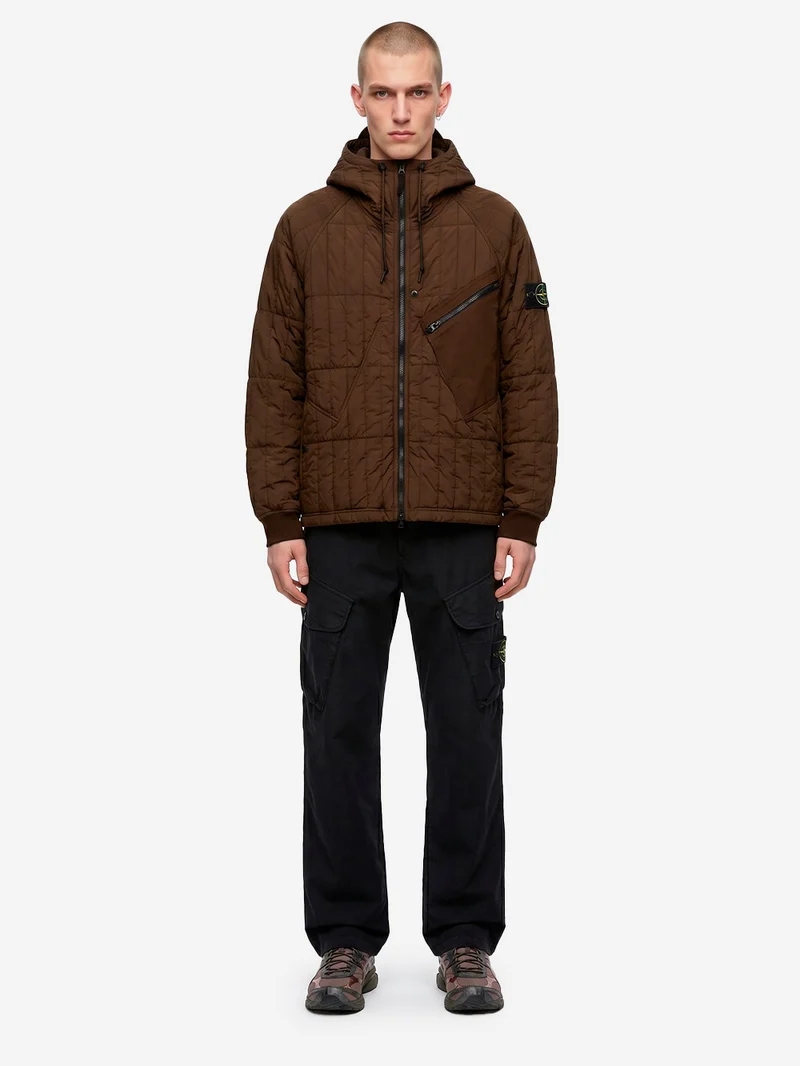 Giacca imbottita con cappuccio in nylon stretch marrone