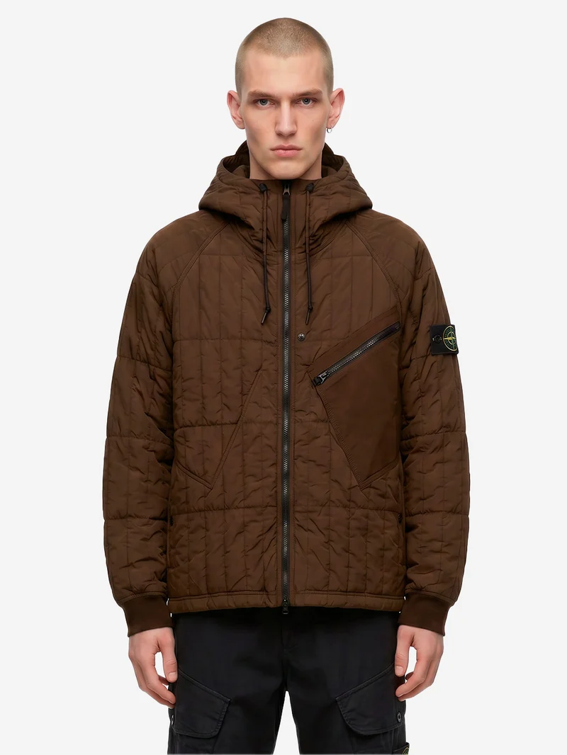 Giacca imbottita con cappuccio in nylon stretch marrone