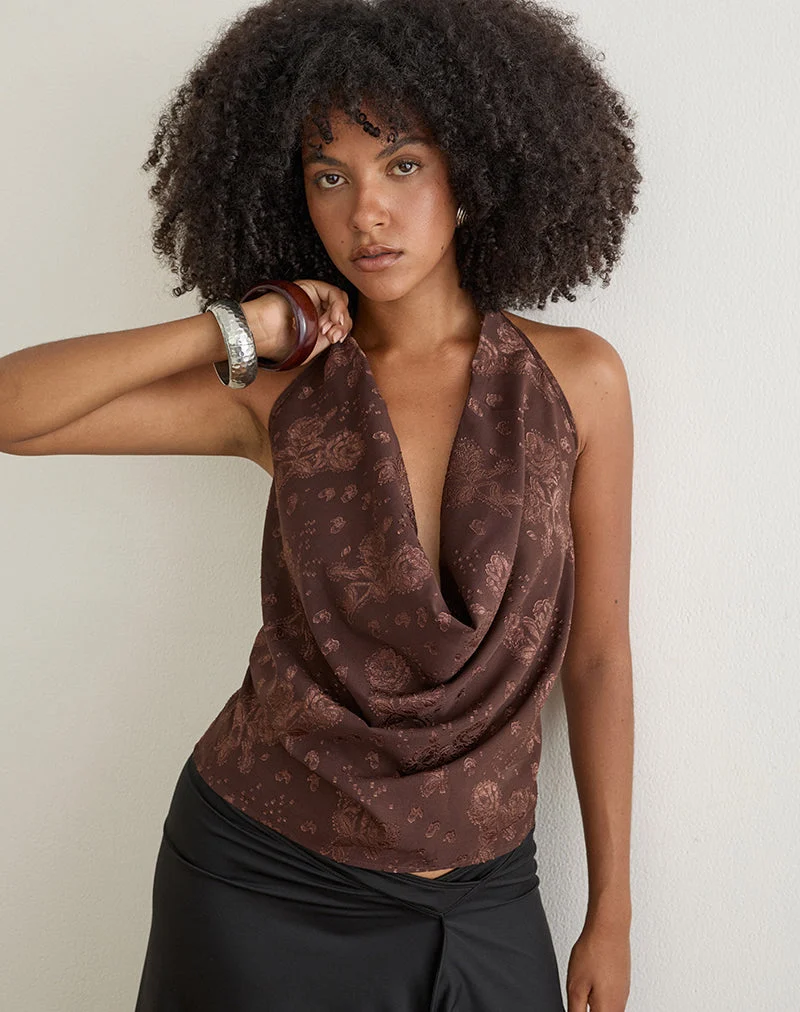 Griechisches Cowl-Top aus braunem Chiffon mit Blumen-Jacquardmuster