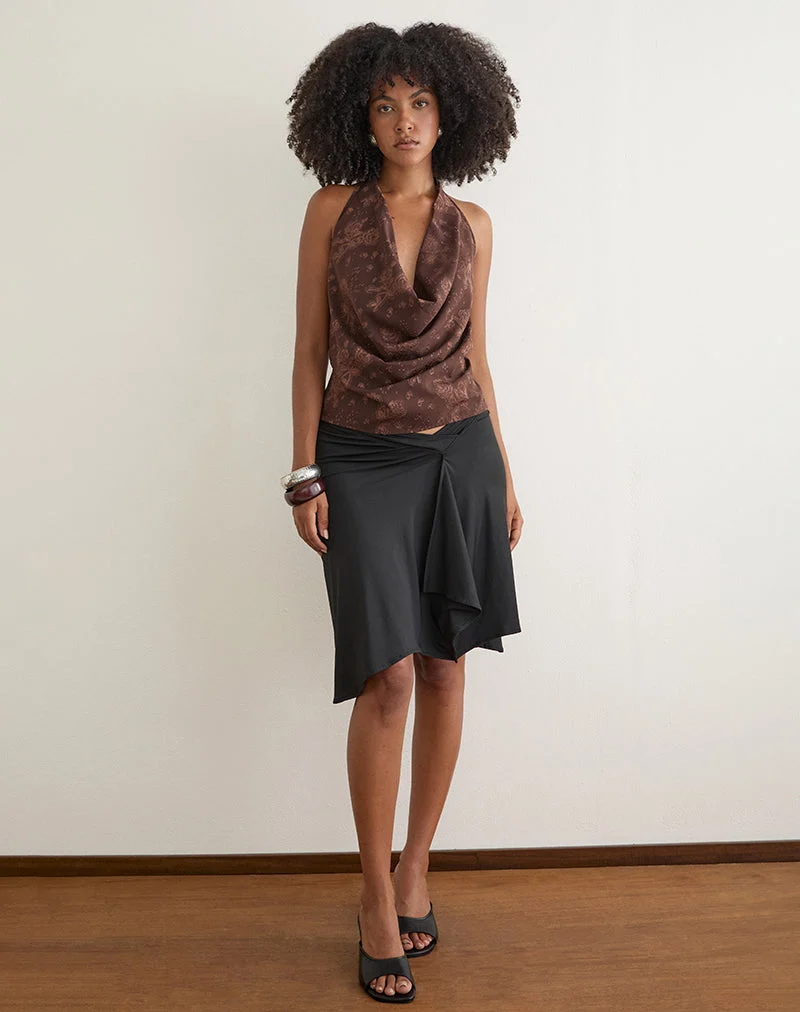 Griechisches Cowl-Top aus braunem Chiffon mit Blumen-Jacquardmuster