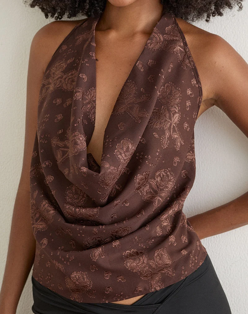 Griechisches Cowl-Top aus braunem Chiffon mit Blumen-Jacquardmuster