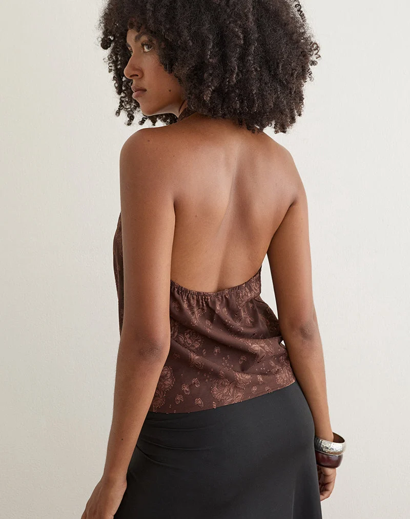 Griechisches Cowl-Top aus braunem Chiffon mit Blumen-Jacquardmuster