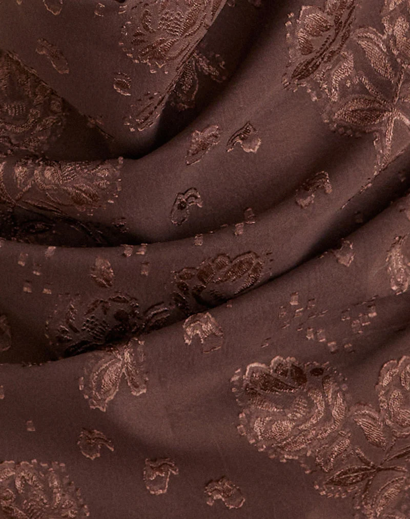 Griechisches Cowl-Top aus braunem Chiffon mit Blumen-Jacquardmuster