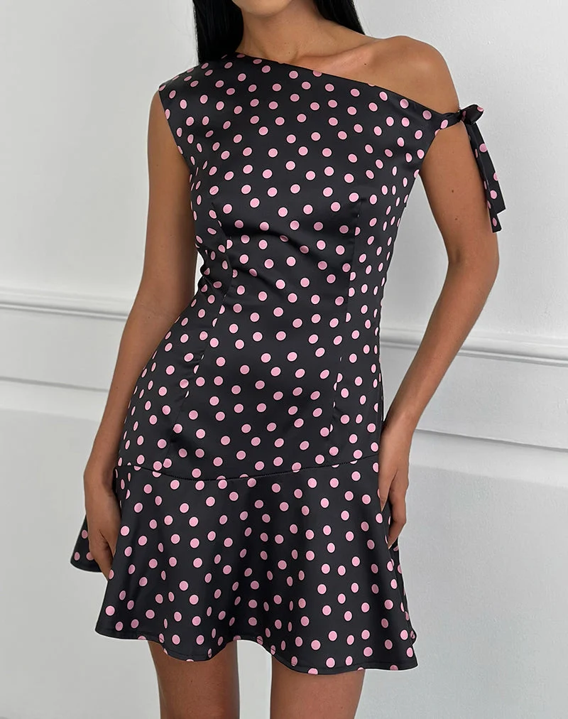 Maribel Minikleid aus schwarzem Satin mit rosa Polka-Punkten