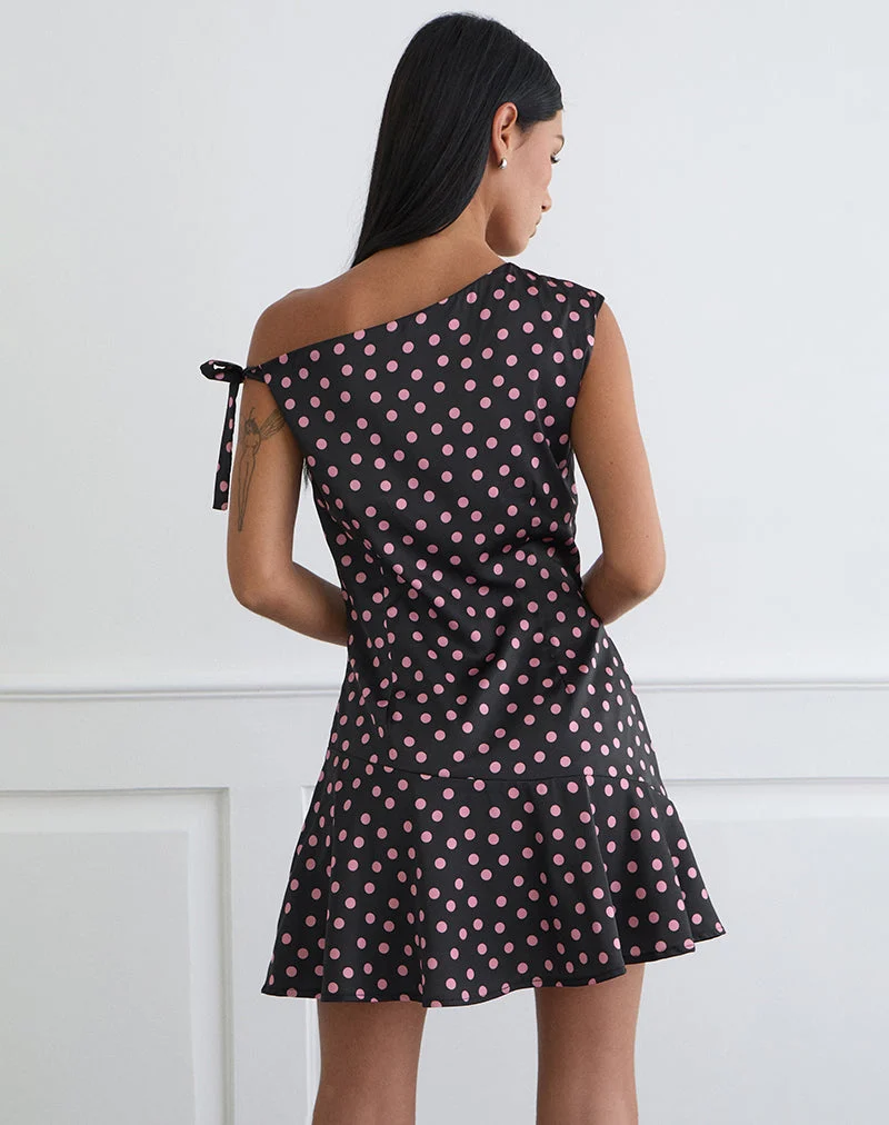 Maribel Minikleid aus schwarzem Satin mit rosa Polka-Punkten